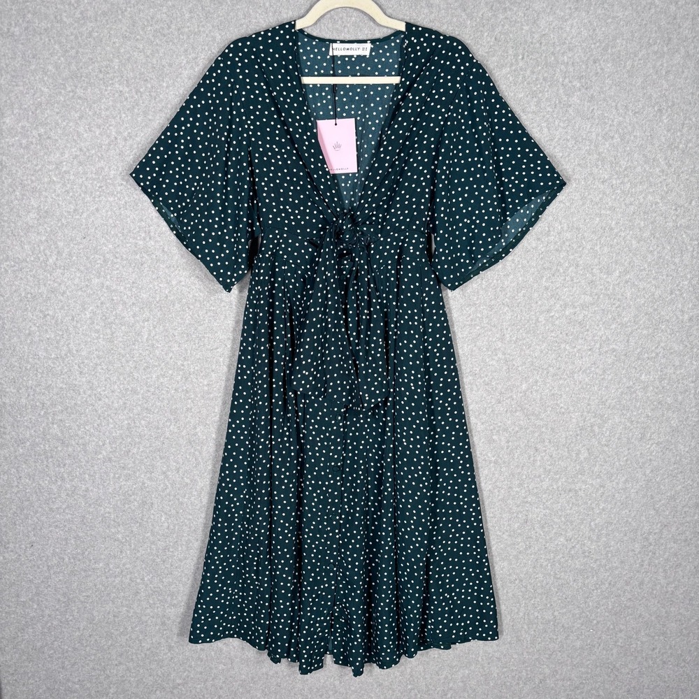NEW $85 Hello Molly Tie Front Midi‎ Dress Small Polka Dot Stuck In Your Ways